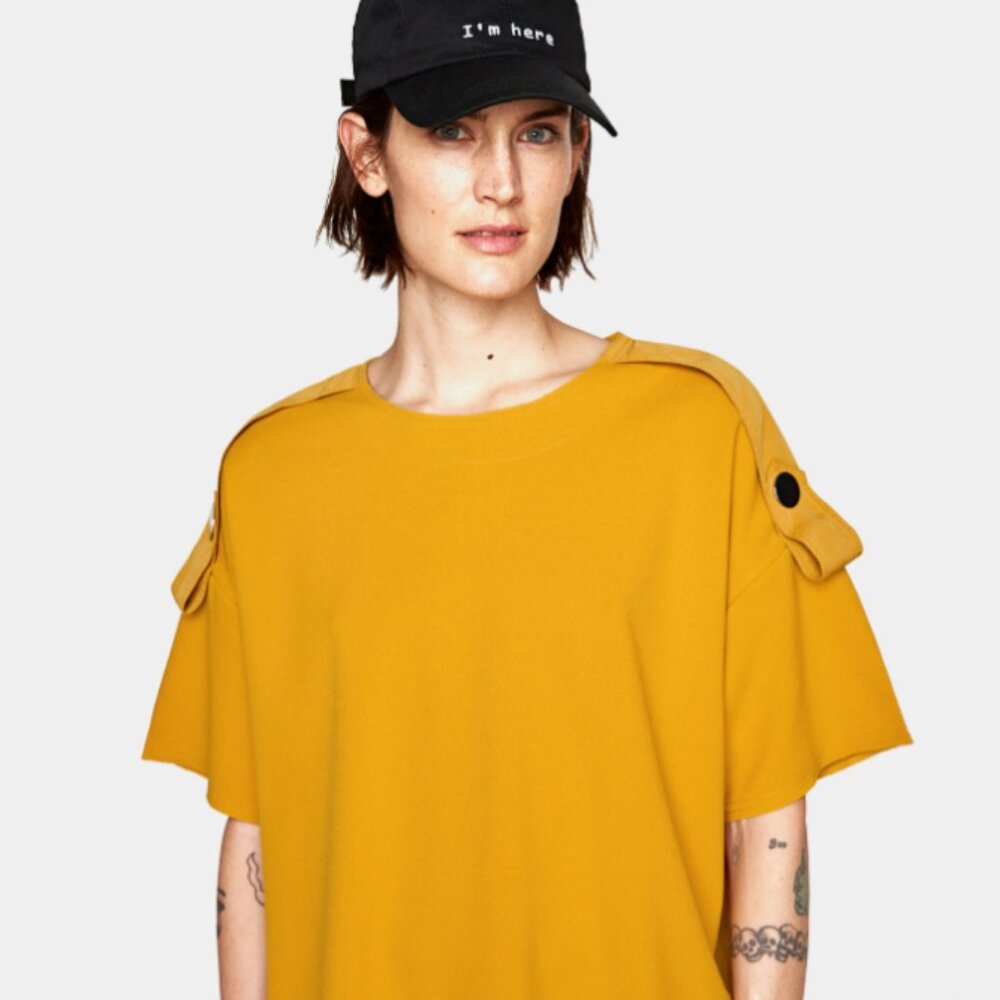 Zara women's mustard yellow short-sleeve blouse w/ shoulder tabs, boxy fit Large
